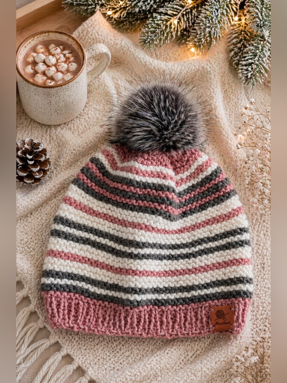 Women Striped Pom Knit Beanie - Pink, White & Gray
